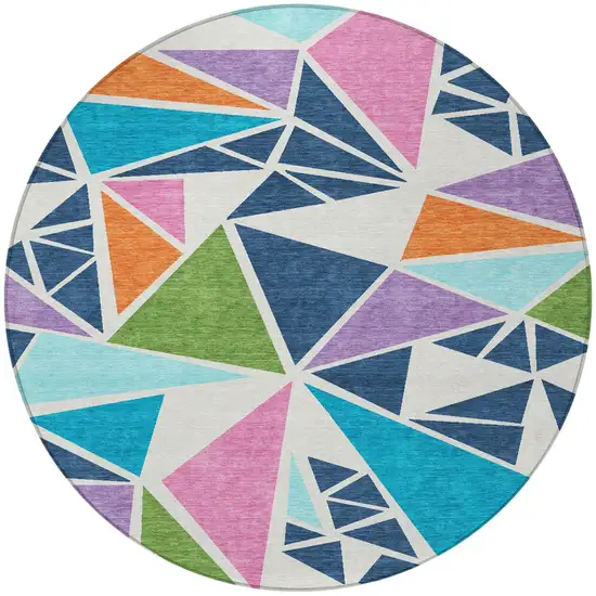 8' Dark Blue Green And Pink Round Geometric Washable Indoor Outdoor Area Rug Photo 5