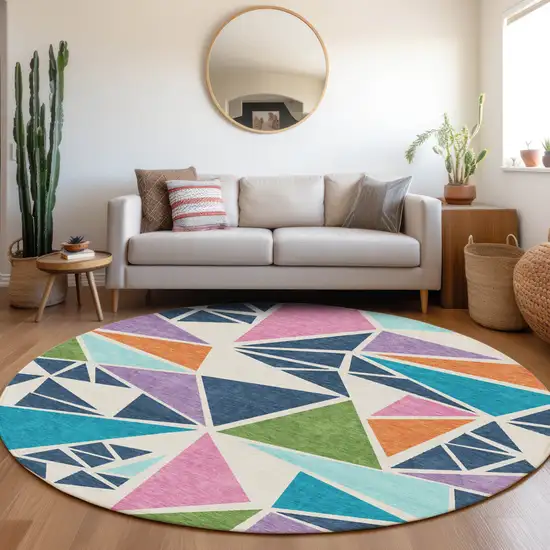 8' Dark Blue Green And Pink Round Geometric Washable Indoor Outdoor Area Rug Photo 7