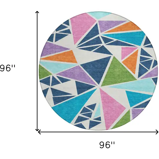 8' Dark Blue Green And Pink Round Geometric Washable Indoor Outdoor Area Rug Photo 3