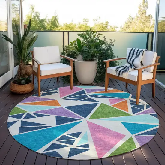 8' Dark Blue Green And Pink Round Geometric Washable Indoor Outdoor Area Rug Photo 6