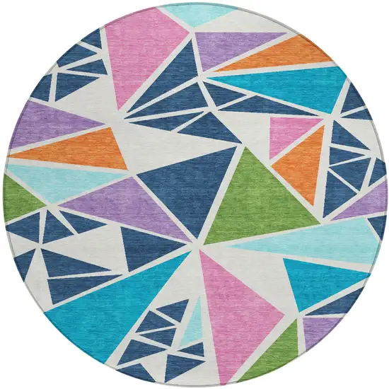 8' Dark Blue Green And Pink Round Geometric Washable Indoor Outdoor Area Rug Photo 2