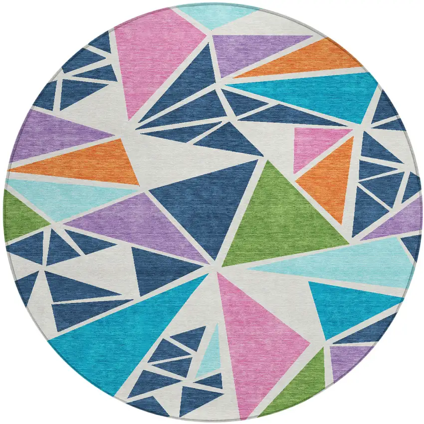 8' Dark Blue Green And Pink Round Geometric Washable Indoor Outdoor Area Rug Photo 2