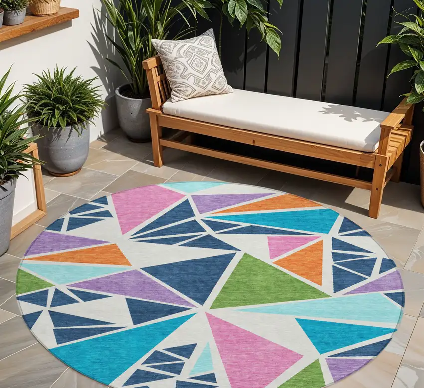 8' Dark Blue Green And Pink Round Geometric Washable Indoor Outdoor Area Rug Photo 1