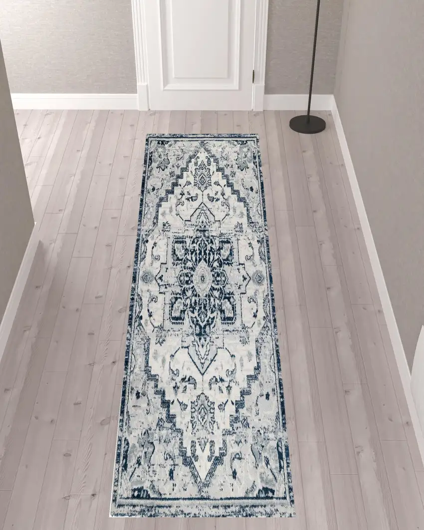 10' Dark Blue Medallion Power Loom Runner Rug Photo 1