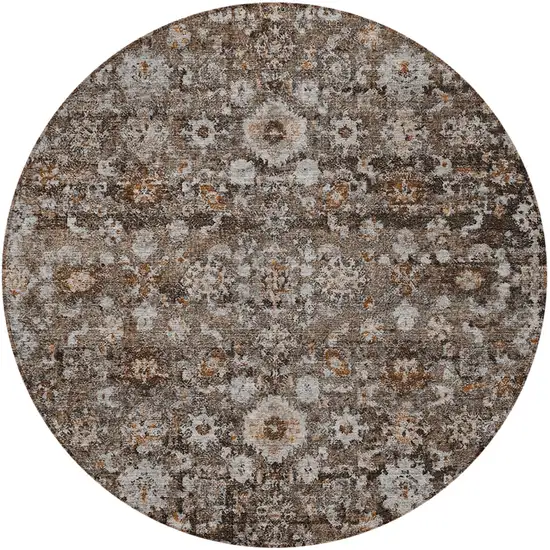 8' Dark Brown Brown And Taupe Round Oriental Washable Indoor Outdoor Area Rug Photo 4