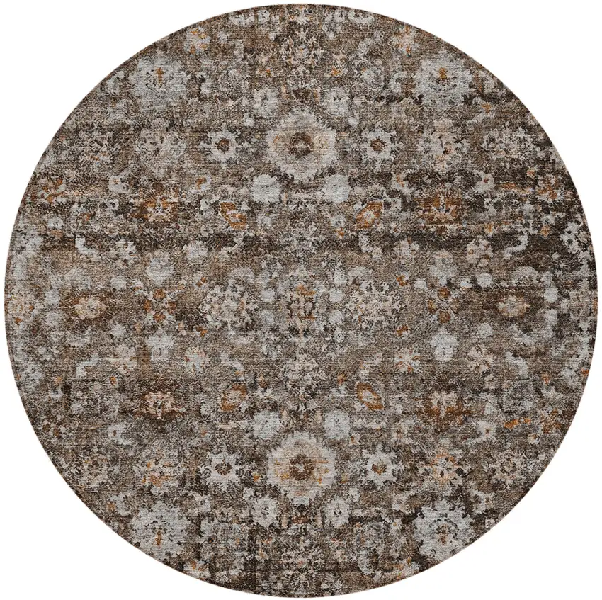 8' Dark Brown Brown And Taupe Round Oriental Washable Indoor Outdoor Area Rug Photo 4