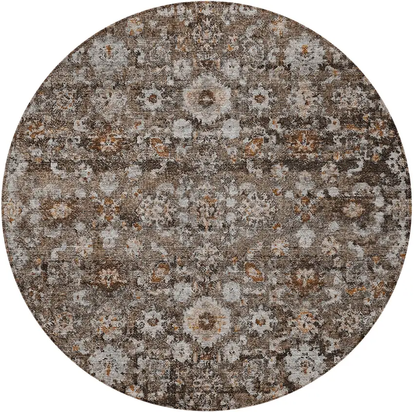 8' Dark Brown Brown And Taupe Round Oriental Washable Indoor Outdoor Area Rug Photo 4