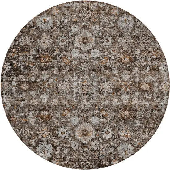 8' Dark Brown Brown And Taupe Round Oriental Washable Indoor Outdoor Area Rug Photo 2