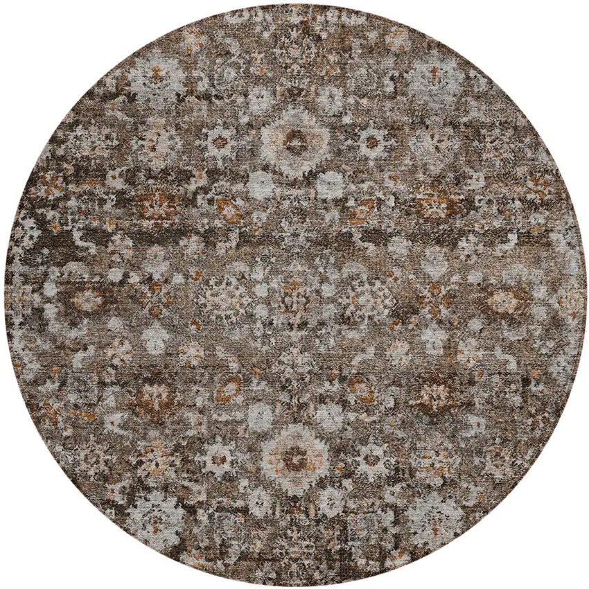 8' Dark Brown Brown And Taupe Round Oriental Washable Indoor Outdoor Area Rug Photo 2