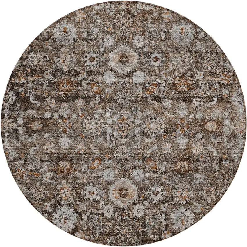 8' Dark Brown Brown And Taupe Round Oriental Washable Indoor Outdoor Area Rug Photo 2