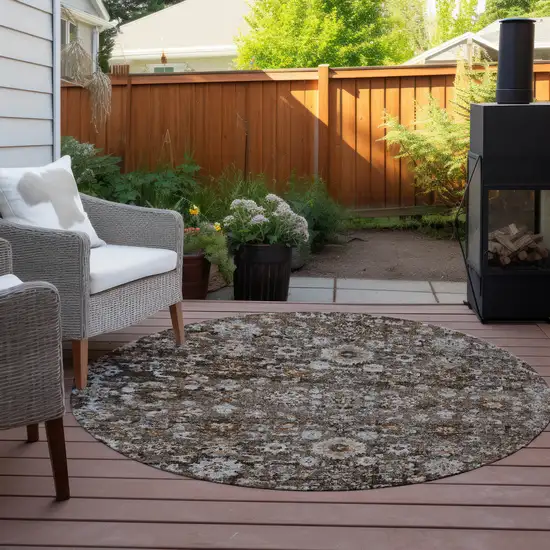 8' Dark Brown Brown And Taupe Round Oriental Washable Indoor Outdoor Area Rug Photo 5