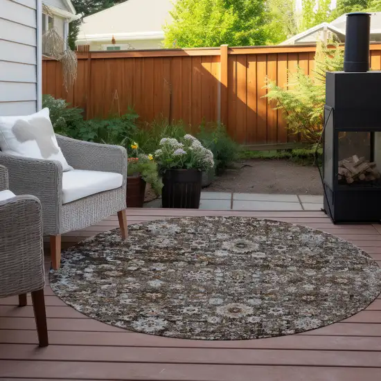 8' Dark Brown Brown And Taupe Round Oriental Washable Indoor Outdoor Area Rug Photo 5