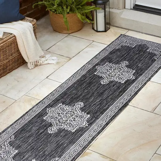 8' Dark Gray And Cream Medallion Indoor Outdoor Runner Rug Photo 6