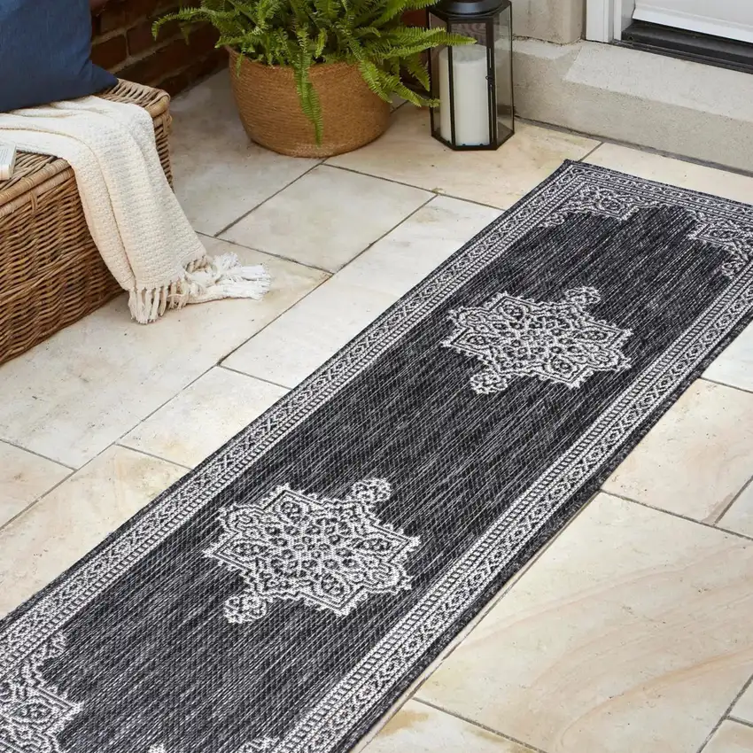 8' Dark Gray And Cream Medallion Indoor Outdoor Runner Rug Photo 6
