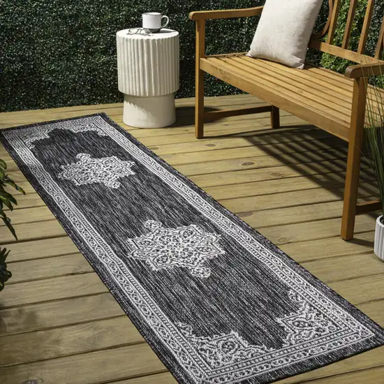 8' Dark Gray And Cream Medallion Indoor Outdoor Runner Rug Photo 5