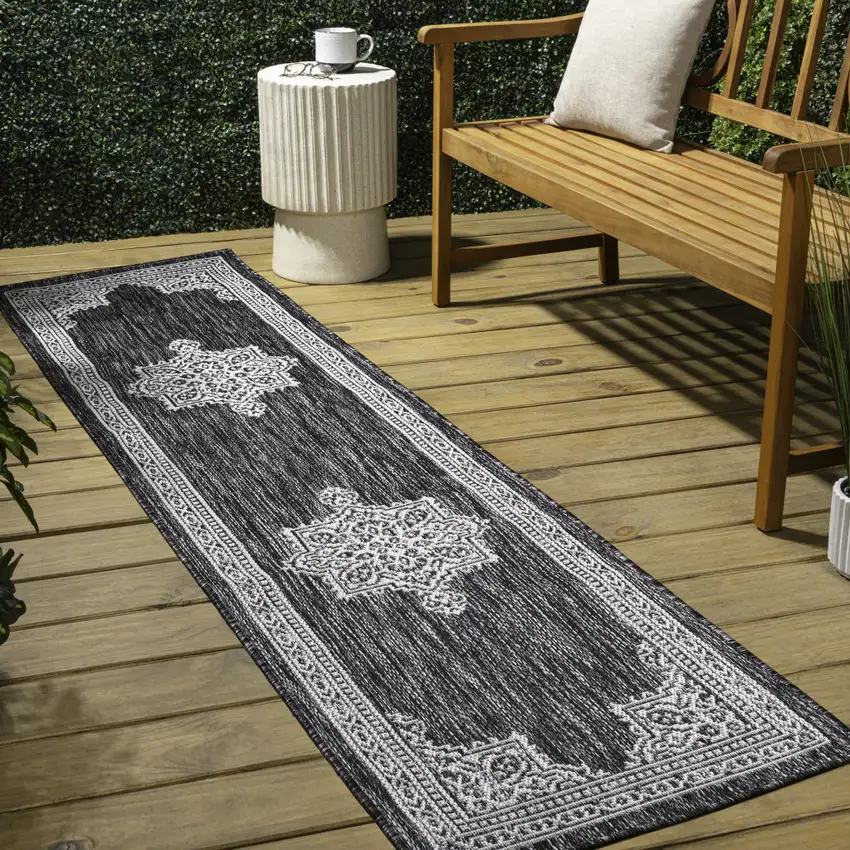 8' Dark Gray And Cream Medallion Indoor Outdoor Runner Rug Photo 5