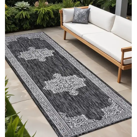 8' Dark Gray And Cream Medallion Indoor Outdoor Runner Rug Photo 1