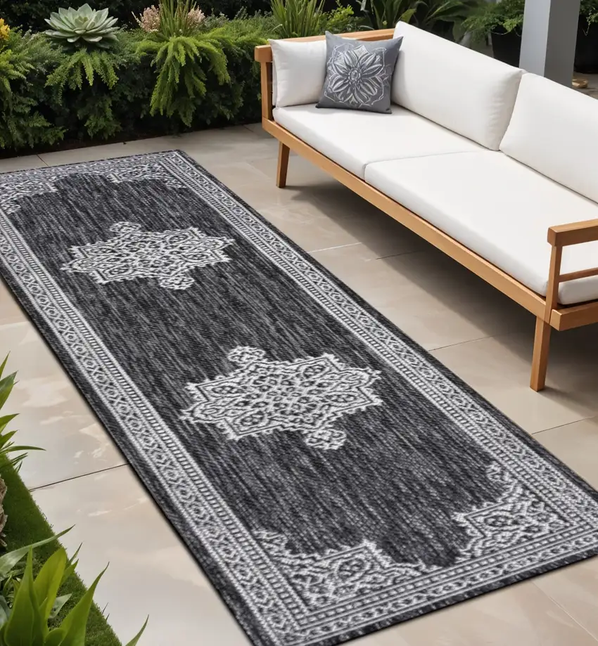 8' Dark Gray And Cream Medallion Indoor Outdoor Runner Rug Photo 1