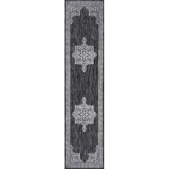 8' Dark Gray And Cream Medallion Indoor Outdoor Runner Rug Photo 8