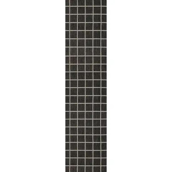 8' Dark Gray And Cream Plaid Indoor Outdoor Runner Rug Photo 1