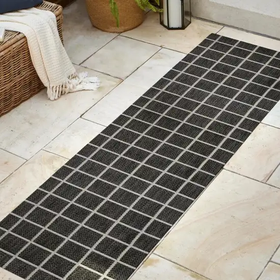 8' Dark Gray And Cream Plaid Indoor Outdoor Runner Rug Photo 3