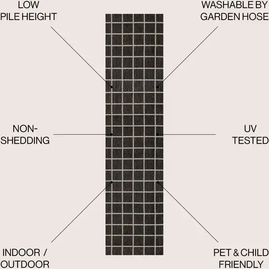 8' Dark Gray And Cream Plaid Indoor Outdoor Runner Rug Photo 5