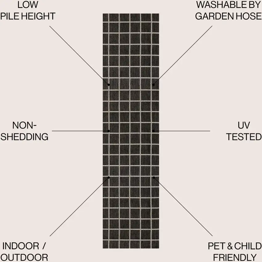 8' Dark Gray And Cream Plaid Indoor Outdoor Runner Rug Photo 5