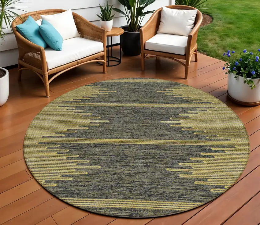 8' Dark Gray And Gold Round Abstract Washable Indoor Outdoor Area Rug Photo 1