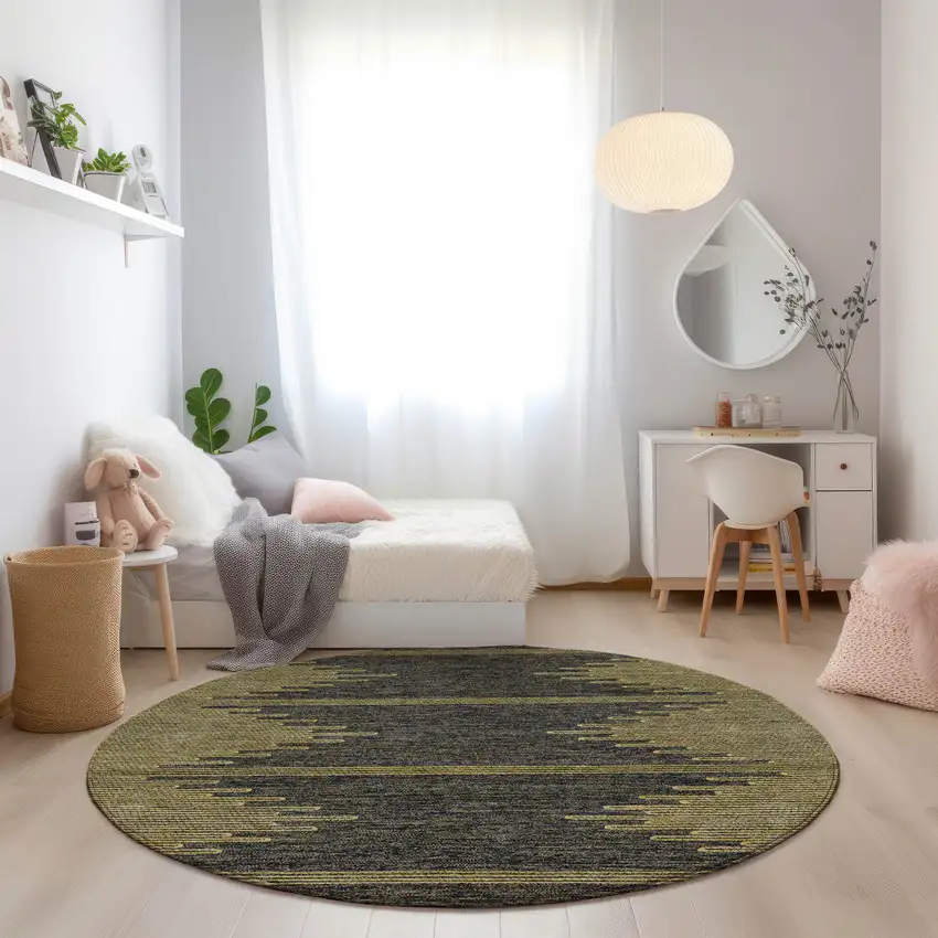 8' Dark Gray And Gold Round Abstract Washable Indoor Outdoor Area Rug Photo 7
