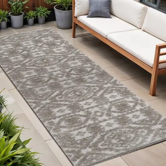 8' Dark Gray And Ivory Moroccan Indoor Outdoor Runner Rug Photo 1
