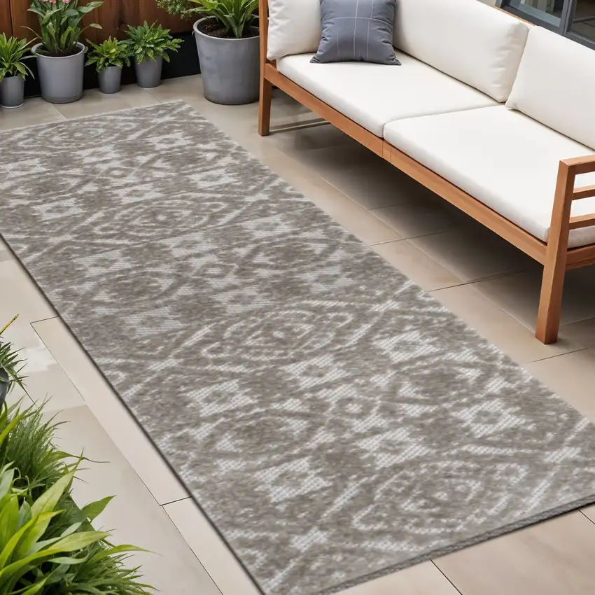 8' Dark Gray And Ivory Moroccan Indoor Outdoor Runner Rug Photo 1