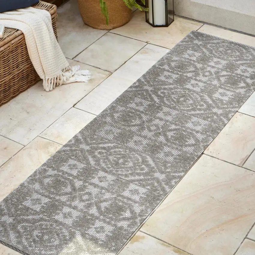 8' Dark Gray And Ivory Moroccan Indoor Outdoor Runner Rug Photo 3