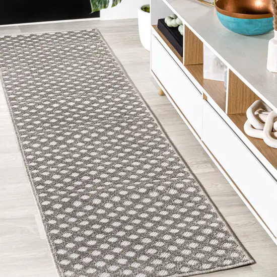 8' Dark Gray And Ivory Trellis Indoor Outdoor Runner Rug Photo 3