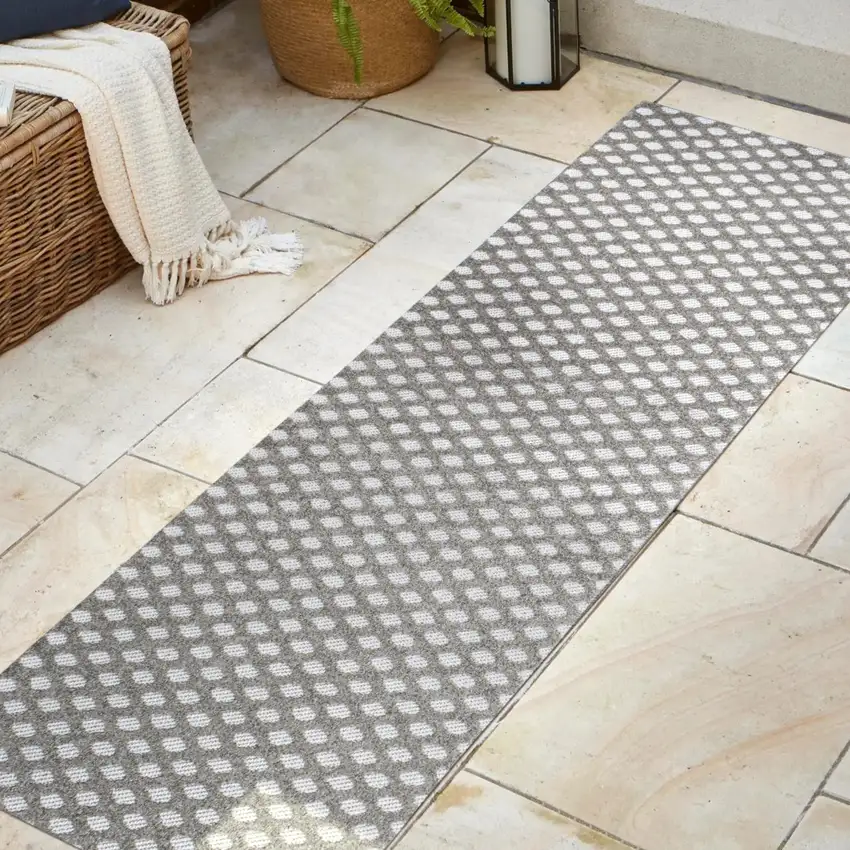 8' Dark Gray And Ivory Trellis Indoor Outdoor Runner Rug Photo 4