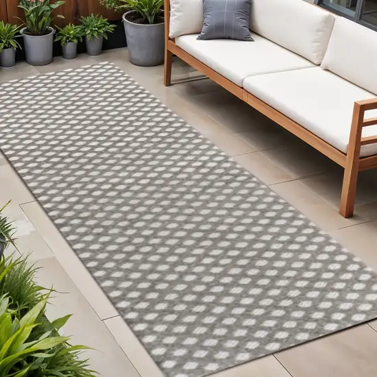 8' Dark Gray And Ivory Trellis Indoor Outdoor Runner Rug Photo 1