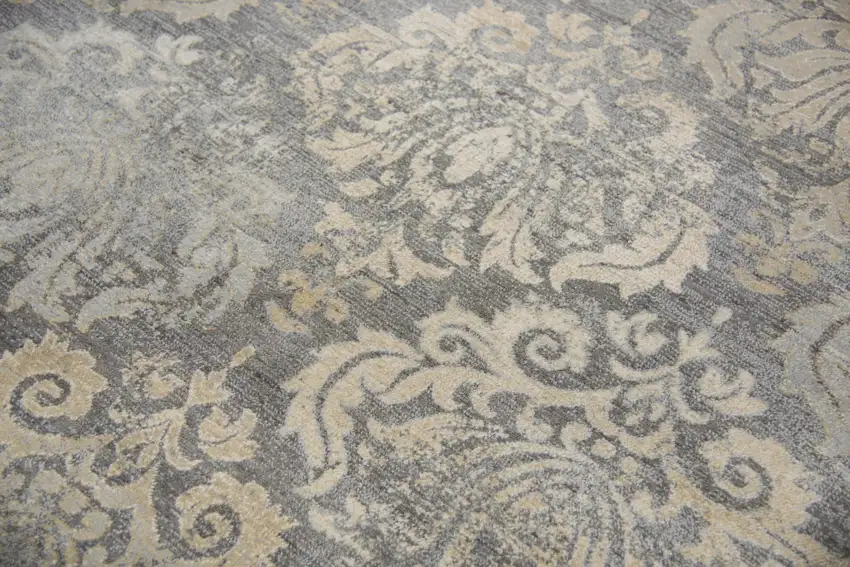 8' Dark Gray And Tan New Zealand Lambs Wool Damask Hand Carved Handmade Area Rug Photo 3