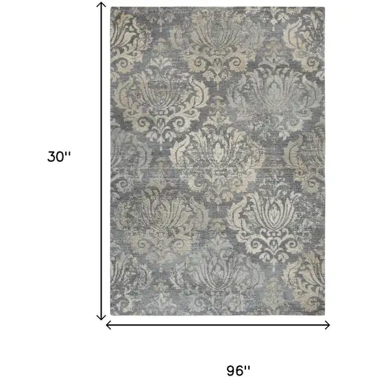 8' Dark Gray And Tan New Zealand Lambs Wool Damask Hand Carved Handmade Area Rug Photo 6