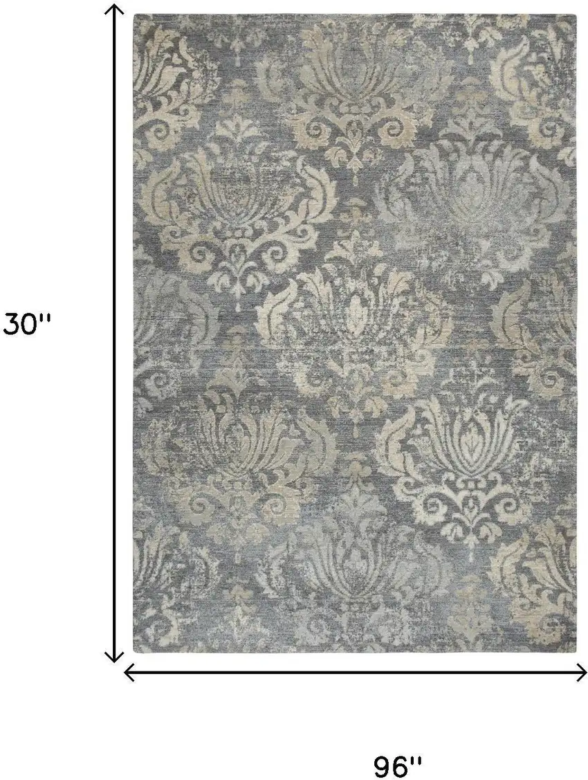 8' Dark Gray And Tan New Zealand Lambs Wool Damask Hand Carved Handmade Area Rug Photo 6