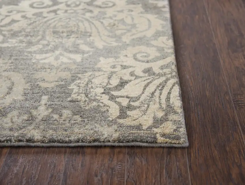 8' Dark Gray And Tan New Zealand Lambs Wool Damask Hand Carved Handmade Area Rug Photo 2