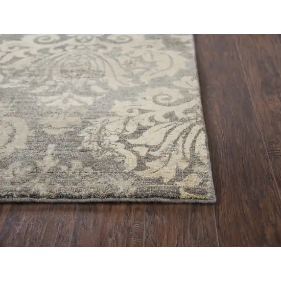 8' Dark Gray And Tan New Zealand Lambs Wool Damask Hand Carved Handmade Area Rug Photo 2