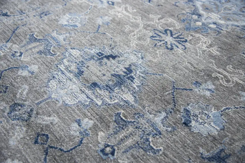 10' Dark Gray Blue And Light Gray New Zealand Lambs Wool Floral Hand Carved Handmade Area Rug Photo 5
