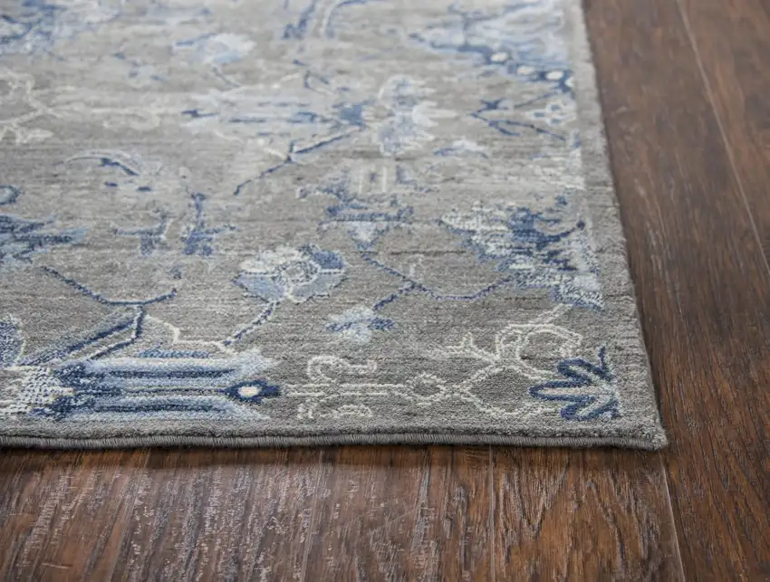 10' Dark Gray Blue And Light Gray New Zealand Lambs Wool Floral Hand Carved Handmade Area Rug Photo 3