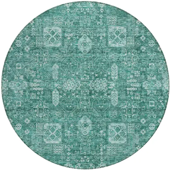 8' Dark Green And Aqua Round Oriental Washable Indoor Outdoor Area Rug Photo 2