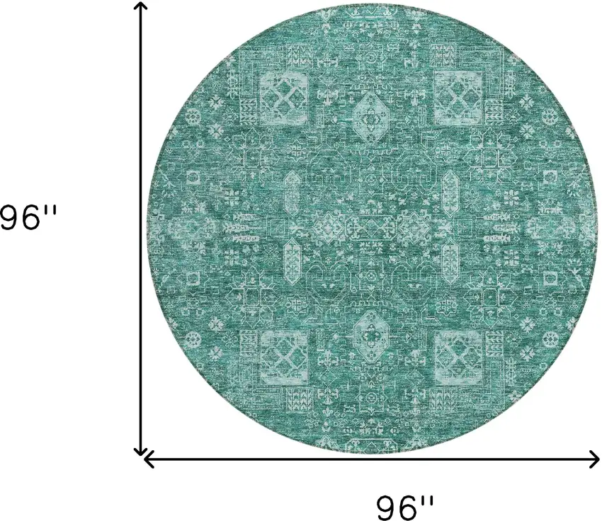 8' Dark Green And Aqua Round Oriental Washable Indoor Outdoor Area Rug Photo 3