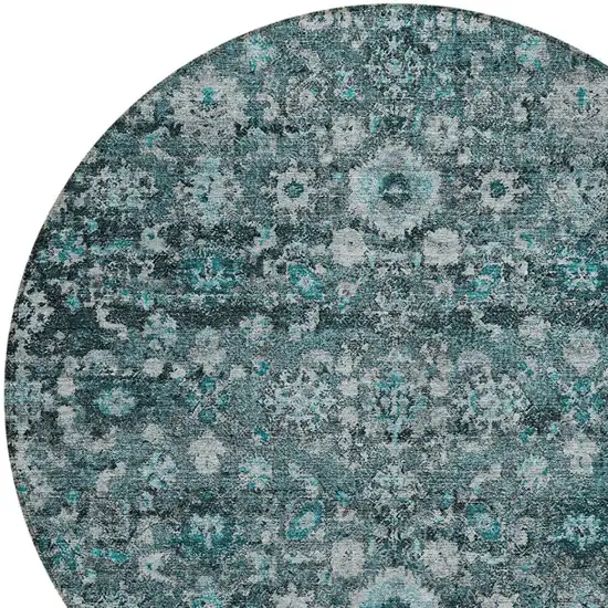 8' Dark Green Aqua And Charcoal Round Oriental Washable Indoor Outdoor Area Rug Photo 4