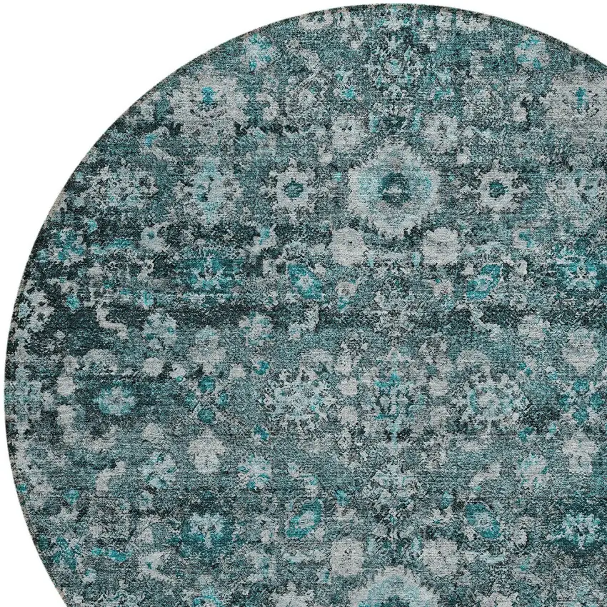 8' Dark Green Aqua And Charcoal Round Oriental Washable Indoor Outdoor Area Rug Photo 4