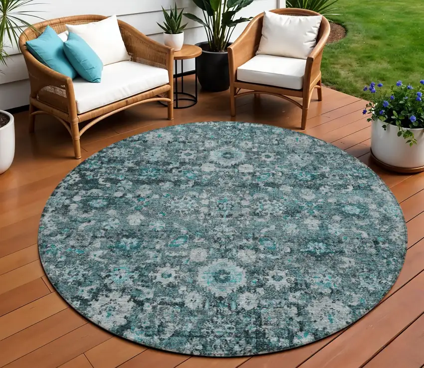 8' Dark Green Aqua And Charcoal Round Oriental Washable Indoor Outdoor Area Rug Photo 1