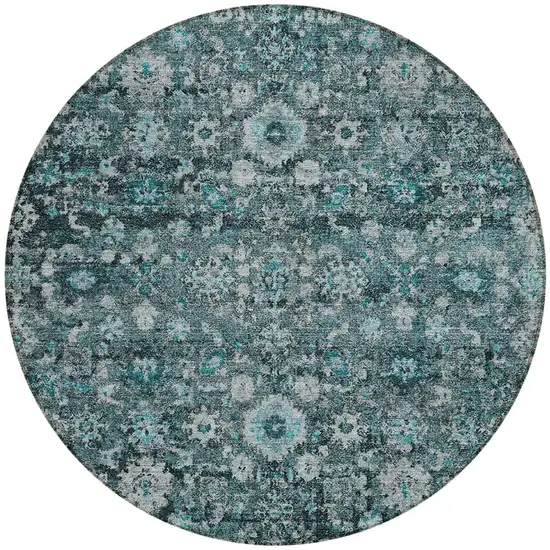 8' Dark Green Aqua And Charcoal Round Oriental Washable Indoor Outdoor Area Rug Photo 5