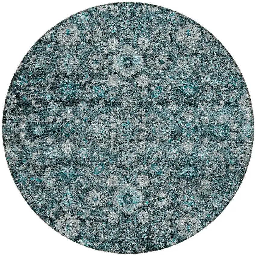 8' Dark Green Aqua And Charcoal Round Oriental Washable Indoor Outdoor Area Rug Photo 5