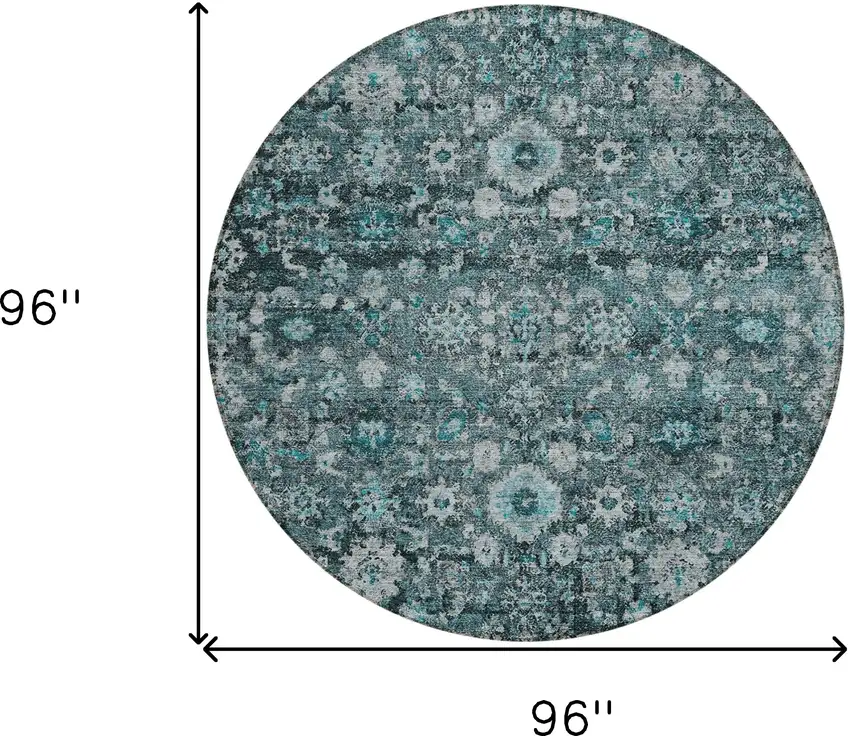 8' Dark Green Aqua And Charcoal Round Oriental Washable Indoor Outdoor Area Rug Photo 3